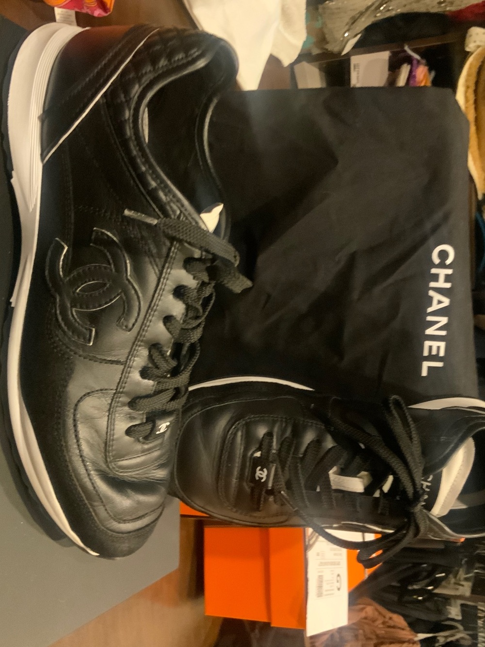 CHANEL Black Leather Trainer  Lace-Up Sneakers with White Sole